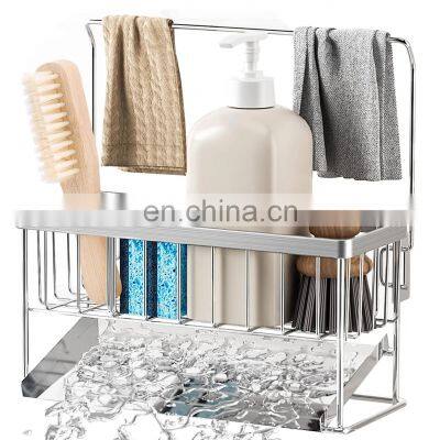 Sponge Holder for Kitchen Sink 304 Stainless Steel Sink Caddy with Rag Holder & Auto Drain Tray Counter Organizer