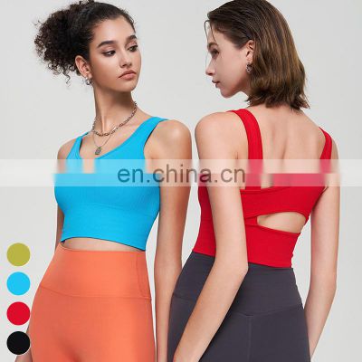 High Elastic Shockproof Hollow Out Back Bras Fitness Running Tank Top Seamless Sports Bra With Pads Inserts Bra Cups For Women