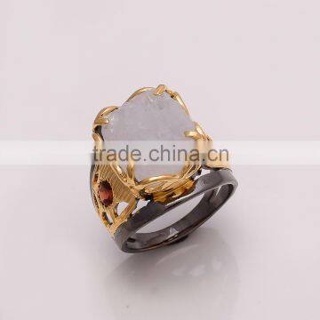 925 SOLID STERLING FINE SILVER RAINBOW MOONSTONE ROUGH RING BLACK & GOLD RHODIUM