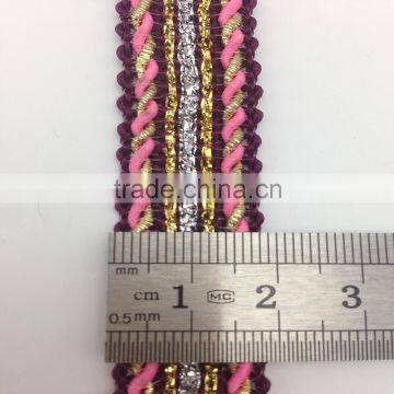 burgundy pink 18mm lip cord lace upholstery metallic gold braid trim