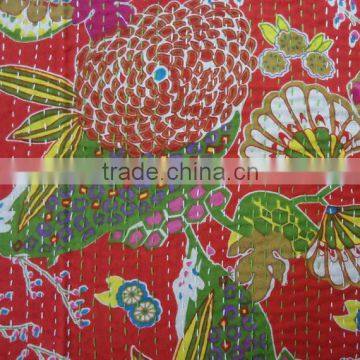 Queen Kantha quilt TROPICANA RED Flower handmade