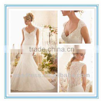 2015 New Fashion Crystal Beaded Embroidery on Lace Wedding Dresses Elegant Mermaid Cap Sleeve Wedding Gown(WDBG-2604)