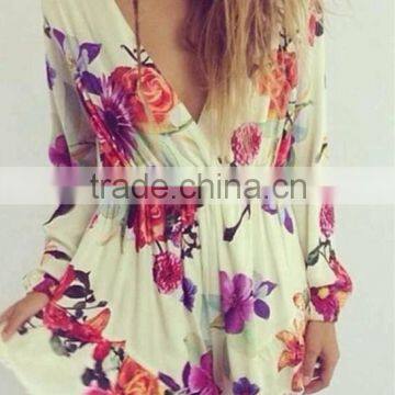 2015 Women Summer New Floral Print with Deep V-ncek Long Sleeve Sexy Jumpsuits, Wide Leg Playsuit