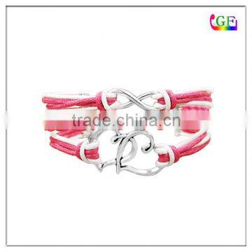 Customized logo multi colors leather knitting infinity LOVE charm bangle bracelet