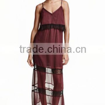 Double Shoulder Strap Maxi Dress Crinkle Boutique Chiffon Dress With Lace Insert