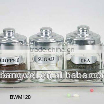 3pcs glass spice jar set with metal rack