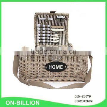 Stylish grey wicker willow picnic basket for 4 person with belt with wine holder
