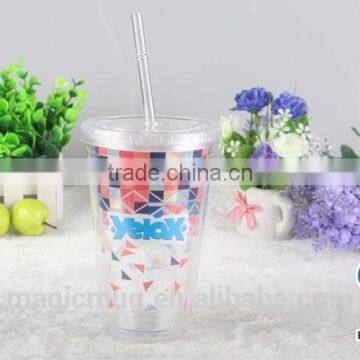Double Wall Clear Transparent 16oz Plastic Tumbler With Straw photo-4