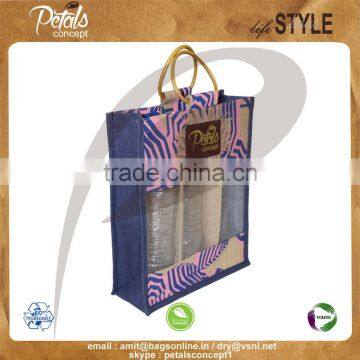 PP Laminated Jute Three Bottle Wine Bag With Wooden Cane Handle photo-2