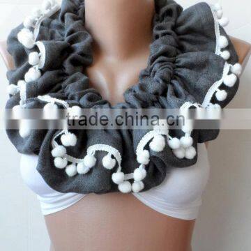 Scarf,Gray Loop Scarf, Ruffle Scarf, Gray Infinity Scarf, Circle, Gray Pashmina,Christmas Scarfs, Pompom Scarf, Fashion,cowl Sca photo-2
