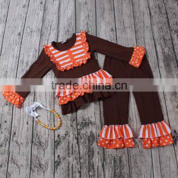 2016 yawoo girls brown ruffle skirt cotton top and pants wholesale children's halloween boutique clothing