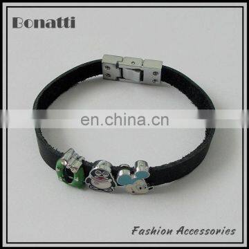 Black real leather bracelet with QQ and mickey mouse head