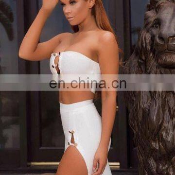 Hot Sell Clothing Women Black White Sexy High Split Two Pieces Set Bandage Midi Club Dress