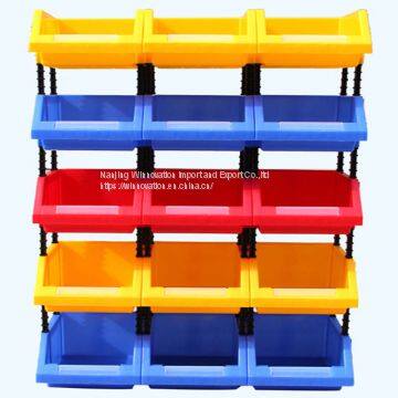 Plastic parts box shelf with different sizes and colors