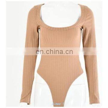 INS Hot Selling Ribbed Long Sleeve Deep Round Neck Bodysuits for Women photo-3