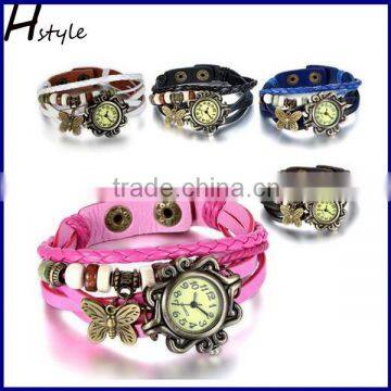 Women's Charm Butterfly Pendants Weave Wrap Around Leather Belt Bracelet Watch BLACK WP008