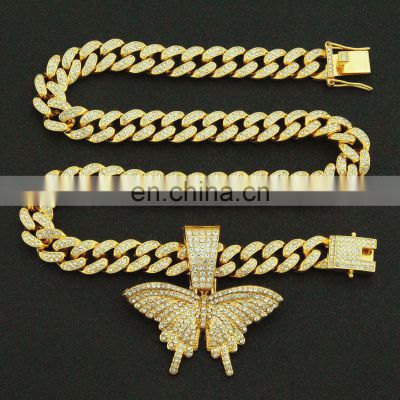 Iced Out Full Rhinestone Cuban Chain Necklace Women Multilayer Crystal Butterfly Pendant Necklace Punk Jewelry