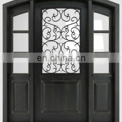 Luxury Bronze Double Wood Wrought Iron Entry Doors With Frosted Glass