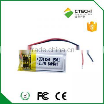 3.7v 60mAh Li-polymer battery 331124 rechargeable li ion battery