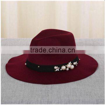 Elegant 100% wool felt cloche Women floppy fedora with ribbon beads Fashion wide brim female hats