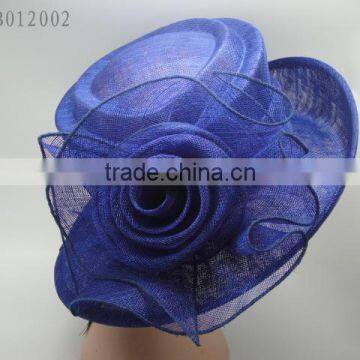 blue sinamay derby hat with rose decoration