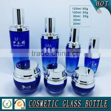 Bule Colored Glass Cosmetic Bottles and Jars