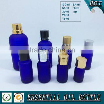 Acid Etch frosted cobalt blue glass essential oil bottle