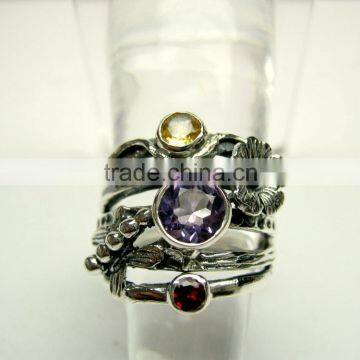 Amethyst & Garnet 925 Sterling Silver Handmade Ring, Gemstone Silver Jewelry, Designer Oxidized Silver Handmade Ring photo-3