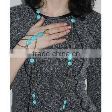 Trendy Boho Finger Ring Turquoise Harness Slave Chain Hand Bracelet photo-3