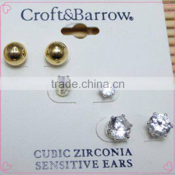 Exquisite Fancy 3 Pairs Gold Plating Copper & Cubic Zirconia Stud Earring