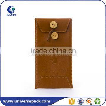 Embossed logo wood button closure wholesale pu pouch for gift