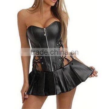 New Sexy Lingerie Black Faux Leather Basque Corset Bustier Dress Clubwear