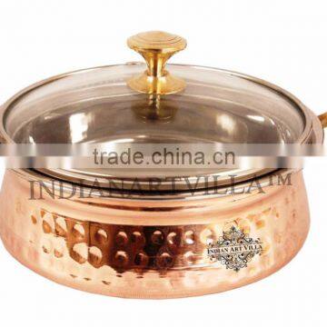 IndianArtVilla Handmade Steel Copper Casserole With Glass Lid 500 ML - Serving Indian Food Home Hotel Restaurant Tableware Gift