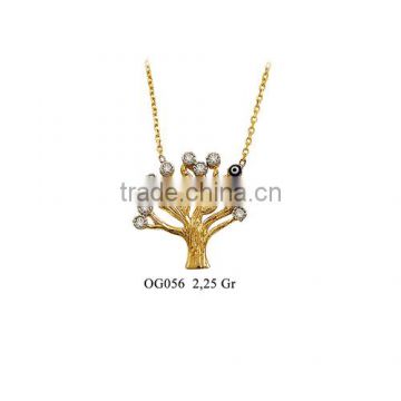 14K Solid Gold Tree Of Life Evil Eye Good Luck Charm Necklace