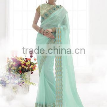 Sky Blue Satin On Net Saree