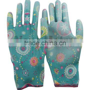 NMSAFETY EN388 13 Gauge Nylon or Polyester Liner Coated Flower Print PU Gardening Work Gloves photo-2