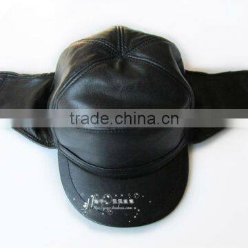 fashion genuine leather winter hat with two strings on side for men