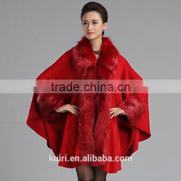 2016 Women's Wrap Beige Black Pashmina Wool Knitted Fake Cashmere Shawl With Fur Trim Collar Faux Fox Fur High Quality Capes photo-5