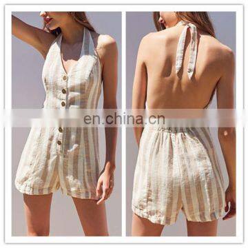 Sweet Summer Fashion Ladies Button-front Striped Halter Short Rompers (17060501)