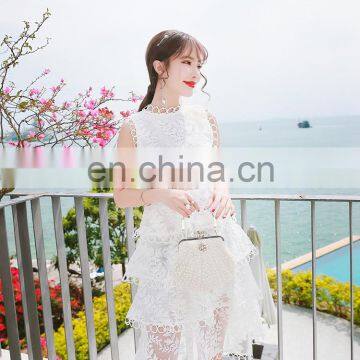 White Lace Dress Lace Patch Work Hollow Out Embroidered Knee Length Sleeveless Formal Dress photo-2