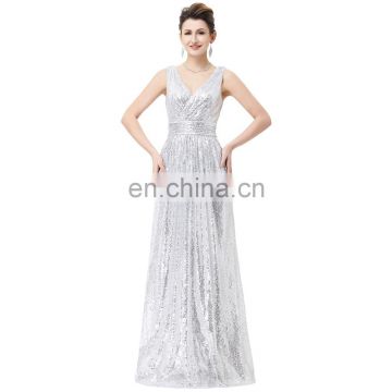 Kate Kasin Sexy Sleeveless V-Neck Silver Shining Sequined Long Prom Party Dress KK000199-3