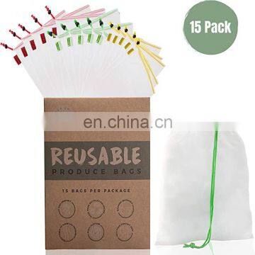 premium reusable eco friendly mesh produce bags with drawstring net bag for vegetables and fruits polyester nylon