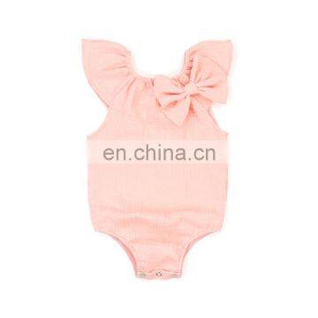 2019 New Arrival Boutique Pure Pink Flutter Sleeve with Bow baby romper Wholesale Price baby jumpsuit