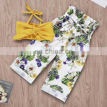 2019 new summer kids cotton yellow top & flower tassel PANTS 2pc set 1-5years