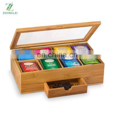 Premium Bamboo Tea Box Organizer Wood Tea Chest With Slide-Out Drawer Acrylic Window Magnet Lid Keeps Teabag Fresh