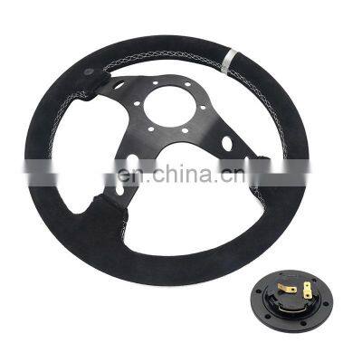 330mm Suede Deep Corn Steering Wheel With Horn Button +White Stitching photo-5