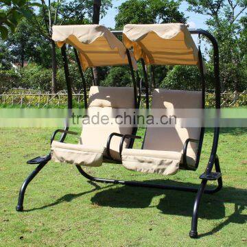 Double Swing Chairs With Frame / Canopy / Cupholder, Tan photo-4
