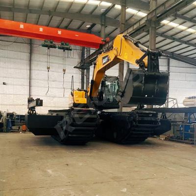 Amphibious Excavator with Side Pontoon in Open Water Swamp Diggers