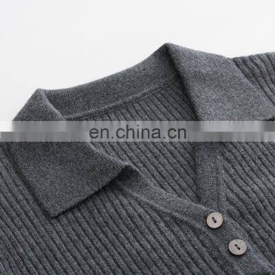 Ladies Pure Cashmere Pullover Spring Half-Sleeve Slim Fit Rib Knitted Polo Neck Sweater Turn-Down Collar Button Casual photo-4
