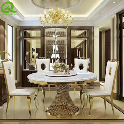 Modern furniture stainless steel rotating round table double marble dining table